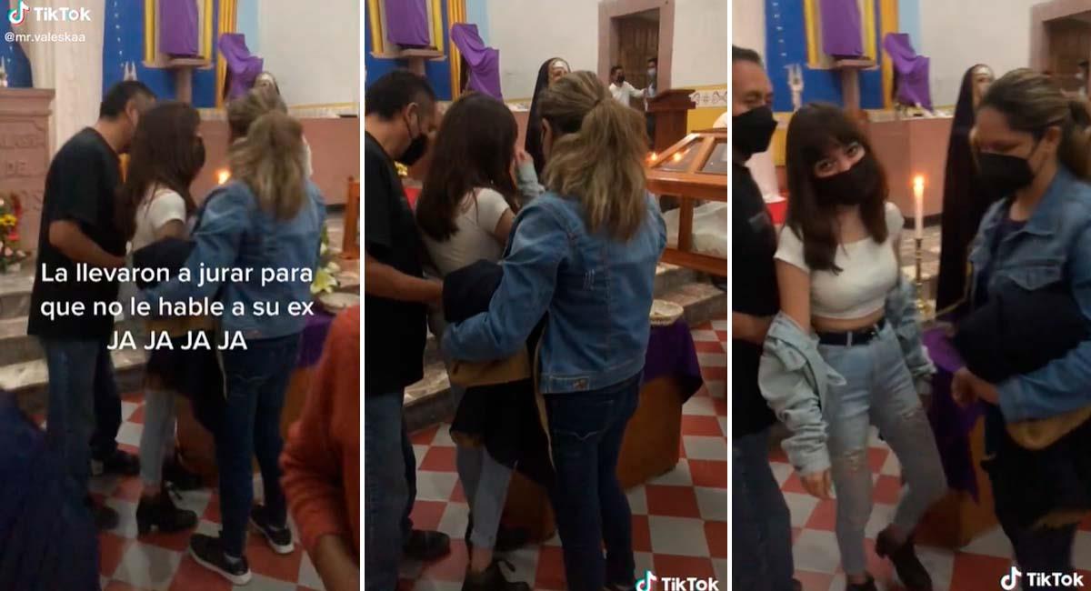 Llevan a jovencita a la iglesia para que prometa no hablar más con su ex. Foto: TikTok @mr.valeskaa
